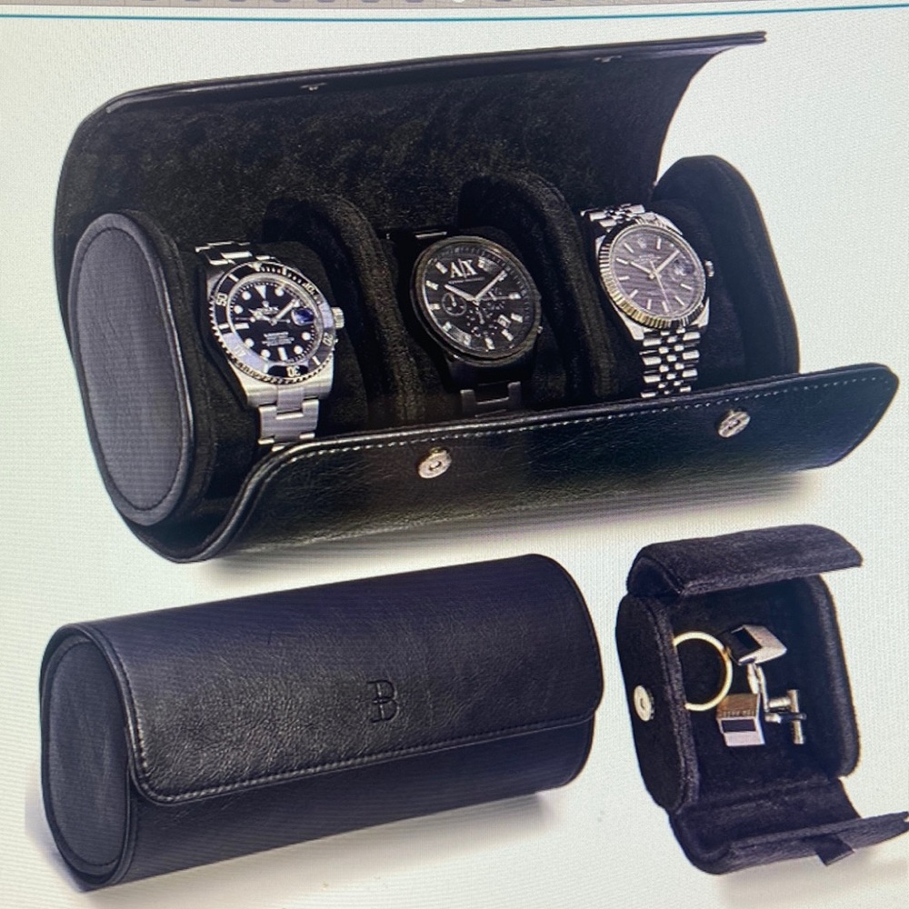 Boshku Leather Watch Roll Case w/ Cuff Link Case
